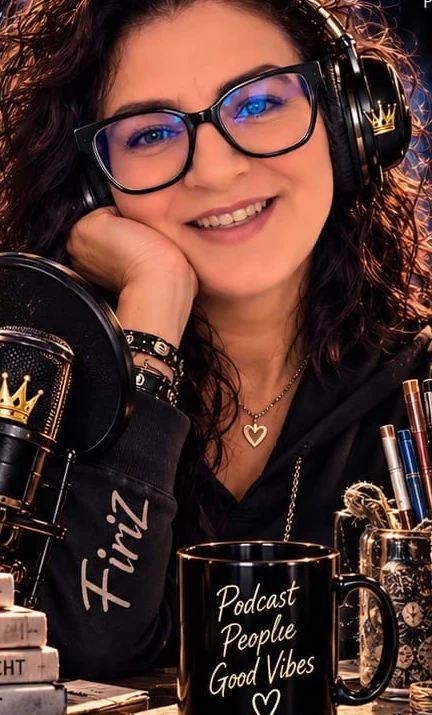 FiriZ mit Kopfhörern am Podcast-Mikrofon